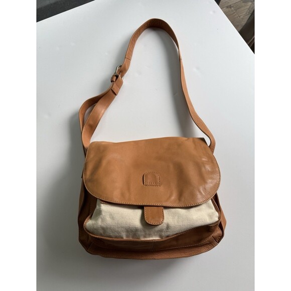Kenneth Cole Tan Leather & Canvas Messenger Satchel Bag Shoulder CrossBody READ - Picture 8 of 16